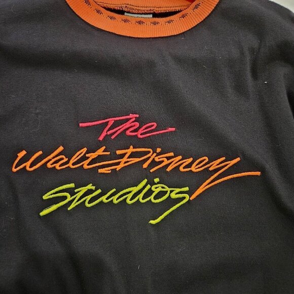 Vintage Disney Wear Walt Disney Studios Neon Text Black Sweatshirt Small/Medium - Picture 2 of 9